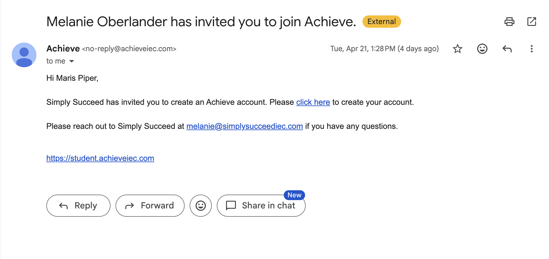 Below is an example of the email they'll receive. To set up their account, they'll click where it say **click here.** 