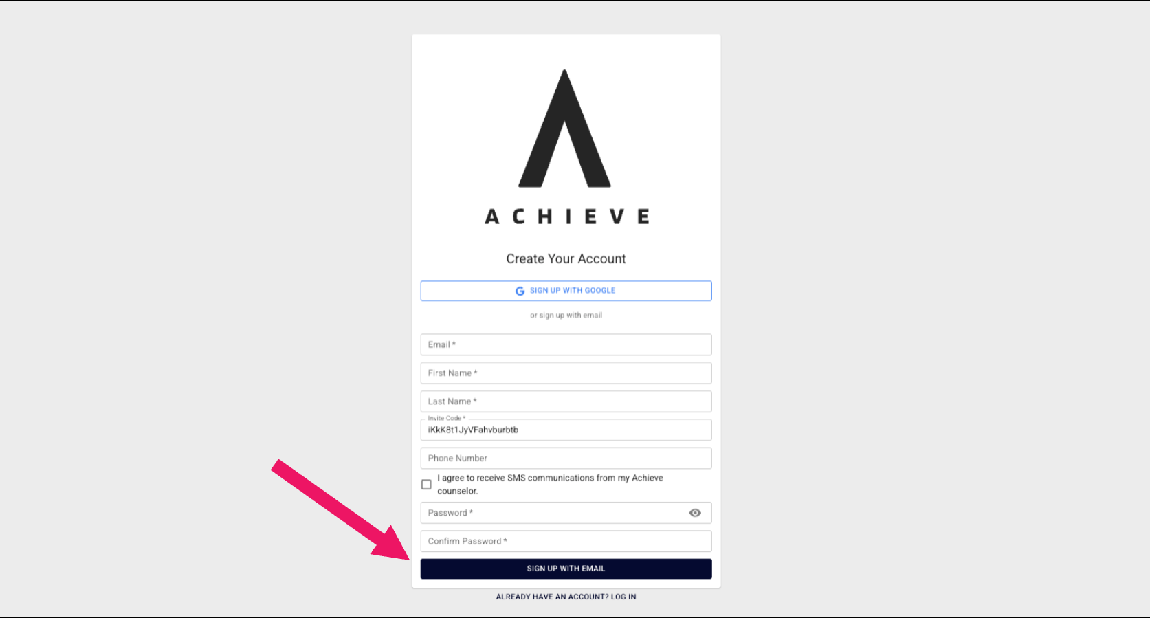 The student will be taken to a webpage like the one below. Once all the student's information has been added, press **Sign Up With Email.**