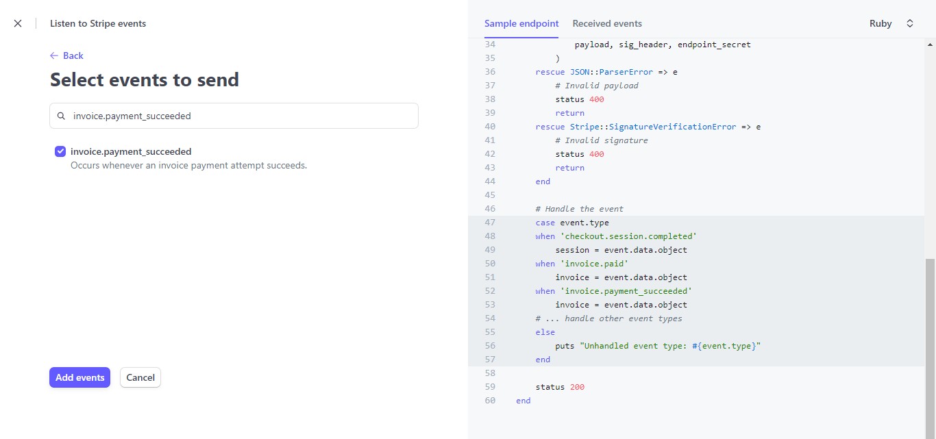 Click the "Add events" button to finalize the addition of the "invoice.payment_succeeded" event to your webhook.