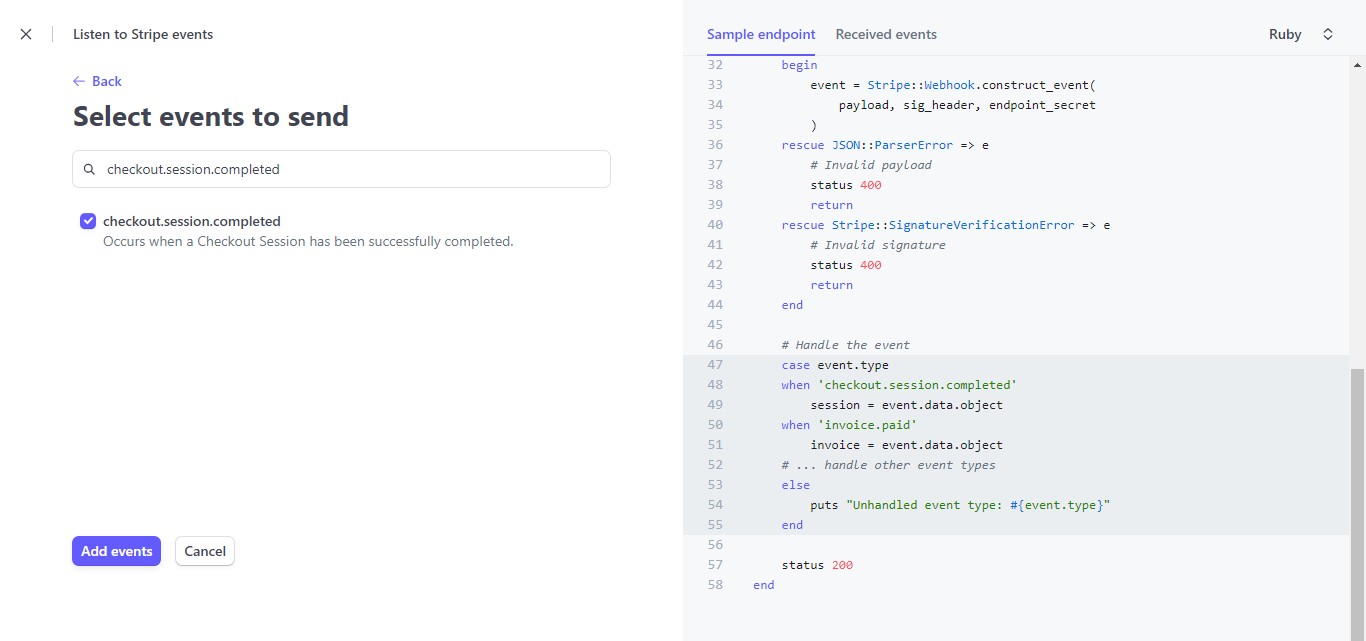 Click the "Add events" button to confirm the addition of the "checkout.session.completed" event to your webhook.