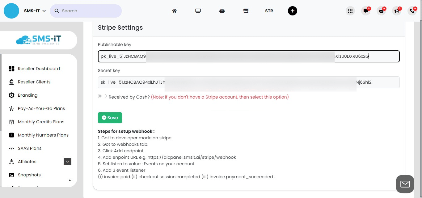 Switch back to your SMS-iT CRM Payment Settings page. Locate the "Publishable key" field and paste your copied Stripe publishable key into this field.