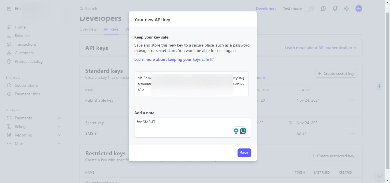 After copying your secret key, click the "Save" button to confirm the creation of your new API key.
