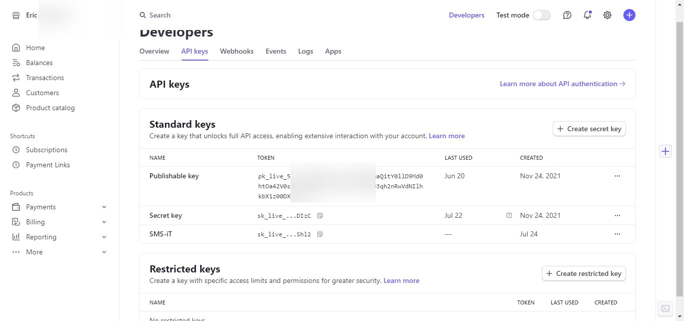 Back in your Stripe dashboard, find the "Publishable key" section. Click on the key labeled "Token" to copy your publishable key to the clipboard.