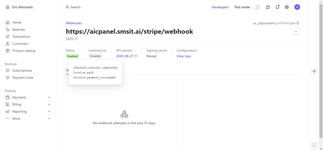 You can verify that your webhook is properly set up by checking the "Listening for" section, which should display all three events you've added: invoice.paid, checkout.session.completed, and invoice.payment_succeeded.