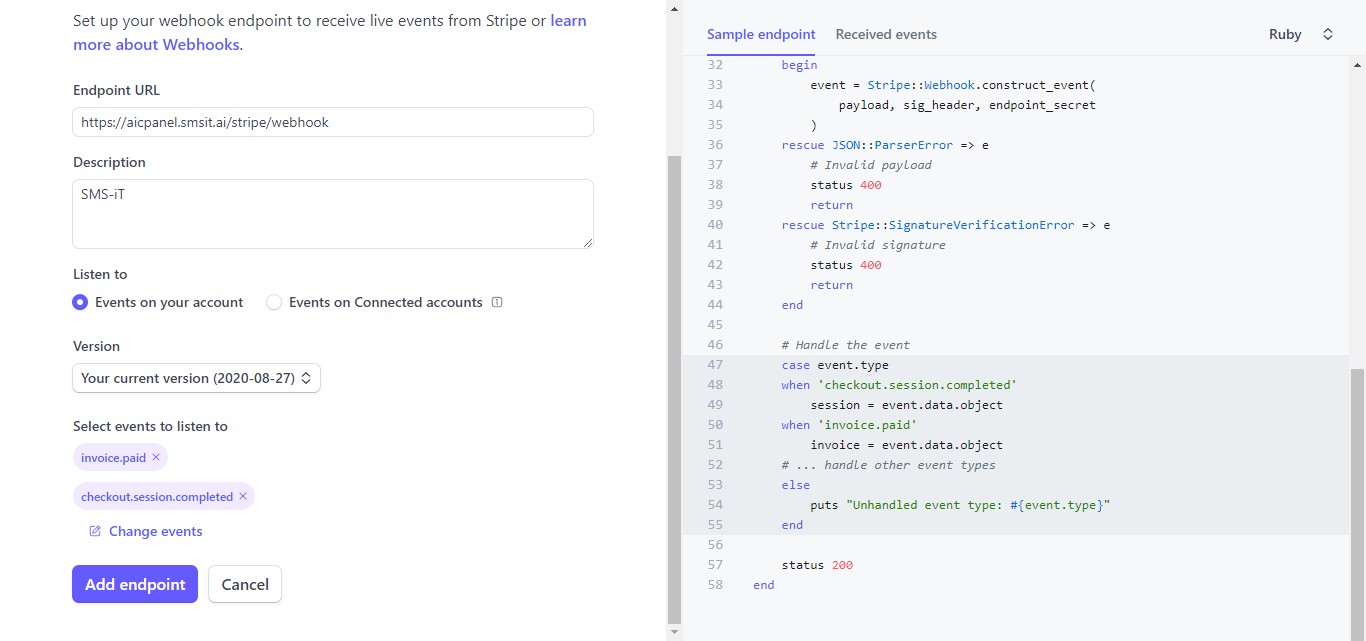 The "checkout.session.completed" event has been successfully added to your webhook configuration.