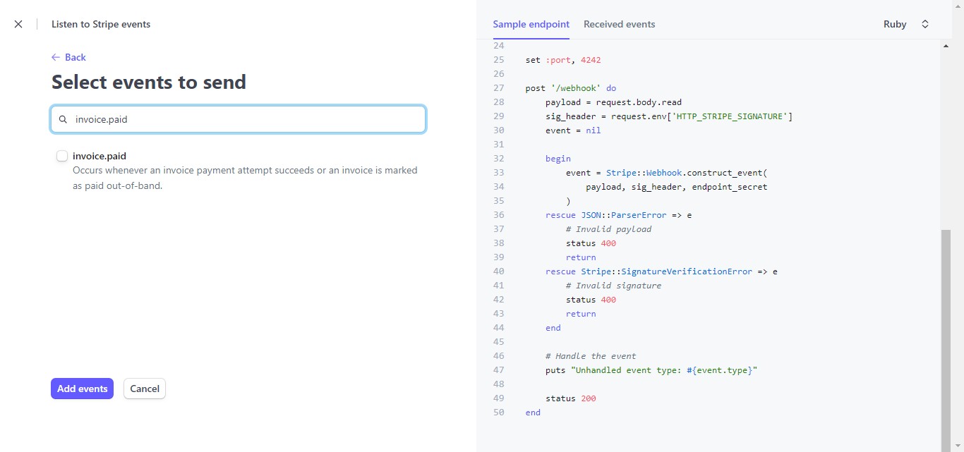 Paste "invoice.paid" into the search bar in the Stripe webhook event selection interface.