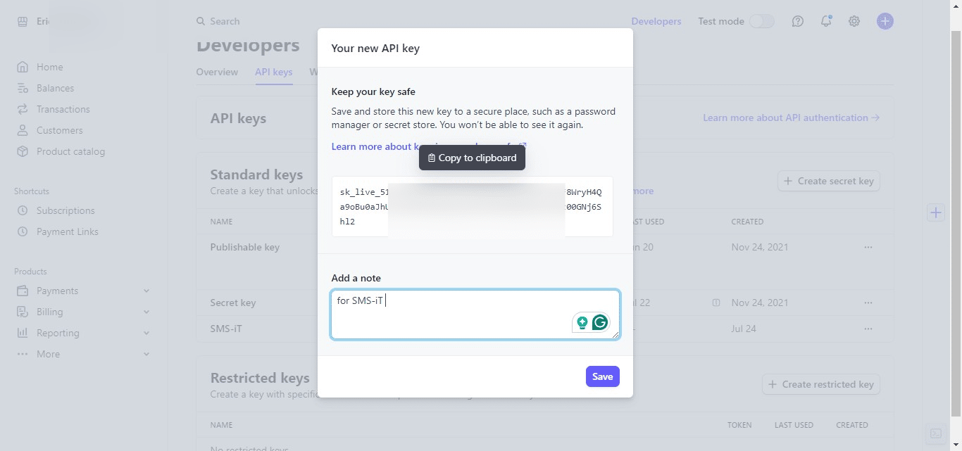 Optionally, add a note or description for your secret key. Then, click on the key to copy it to your clipboard.