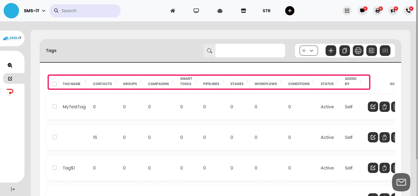 This is the main dashboard for **Tag-iT**, the columns are:
1. **Tag Name**: The name assigned to a tag, used to categorize contacts or activities.
2. **Contacts**: The number of contacts associated with a specific tag, indicating how many individuals or entities are grouped under this tag.
3. **Groups**: The number of groups linked to the tag, showing how many collective entities or segments include this tag.
4. **Campaigns**: The number of marketing campaigns that utilize this tag, helping track the effectiveness and reach of targeted efforts.
5. **Smart Tools**: Features or tools that leverage tags for automation, analytics, or other advanced CRM functions.
6. **Pipelines**: Sales or service pipelines that involve the tagged contacts or activities, assisting in visualizing the progress and status within these processes.
7. **Stages**: Specific stages within a pipeline where the tagged contacts or activities currently reside, aiding in the management and organization of the sales or service process.
8. **Workflows**: Automated sequences that include the tag, helping to streamline and automate repetitive tasks or processes.
9. **Conditions**: Specific criteria or rules associated with the tag, defining when and how the tag is applied or triggered.
10. **Status**: The current status of the tag (e.g., active or inactive), indicating its availability and usage within the CRM.
11. **Added By**: The user who created or added the tag, providing accountability and tracking of tag creation.
12. **Actions**: Available actions for each tag, such as editing, deleting, or viewing detailed information, allowing for management and maintenance of tags.

[](url)
These columns help organize and manage CRM data effectively, enabling better segmentation, automation, and tracking of customer interactions and marketing efforts. 