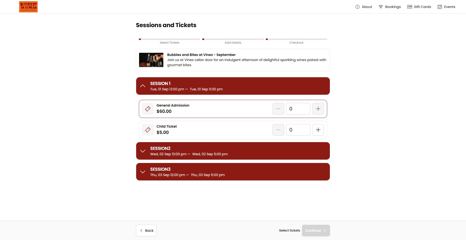 Add tickets to your order and click '**continue**'