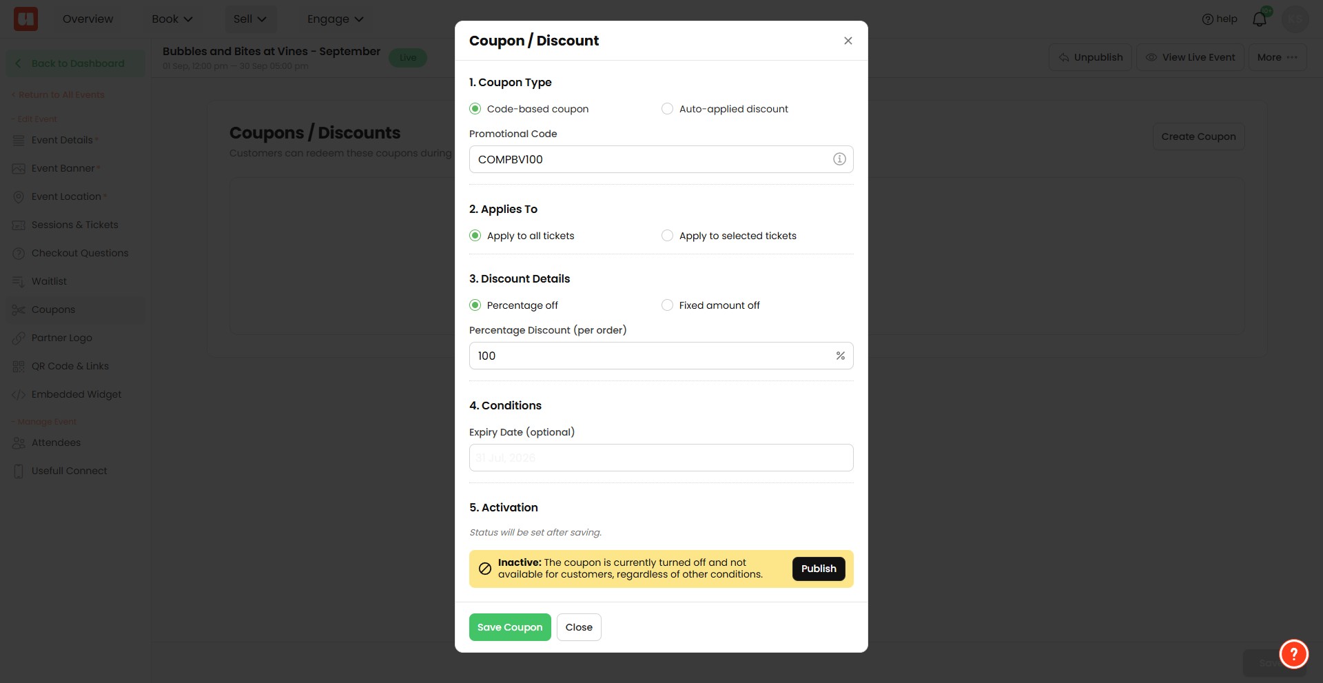 In this example we're creating a code-based coupon. Fill the details per the prompts. 