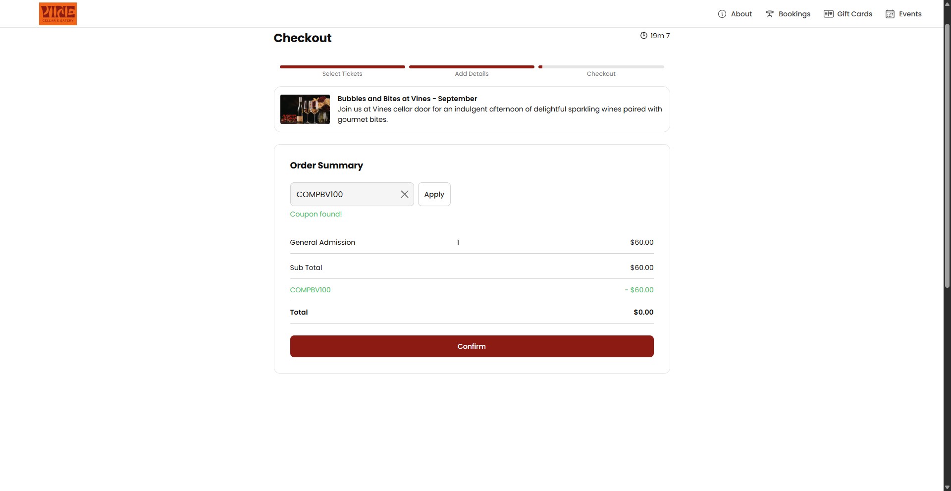 The coupon is applied to the cart with the discount visible. Click confirm to finalise your order. This is a comp ticket so no payment details are required. 