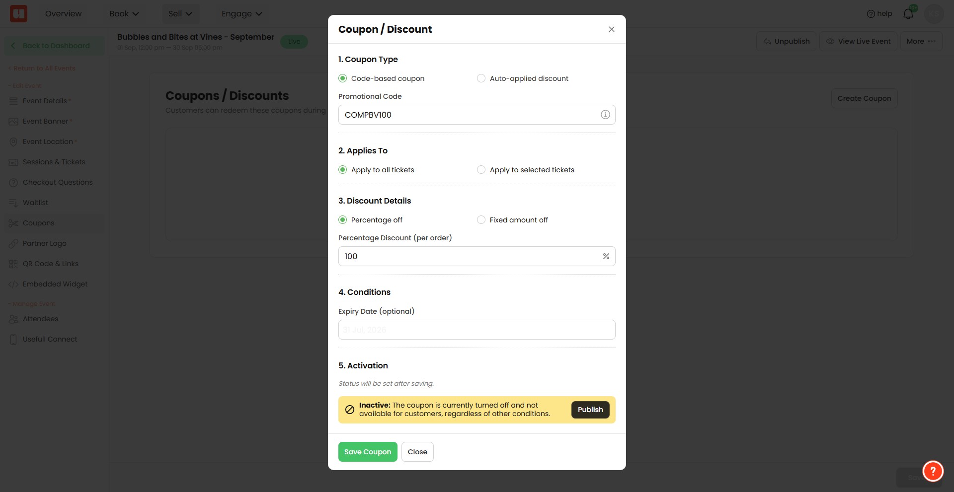 Click on "Publish" if you want to make your coupon live straight away. 