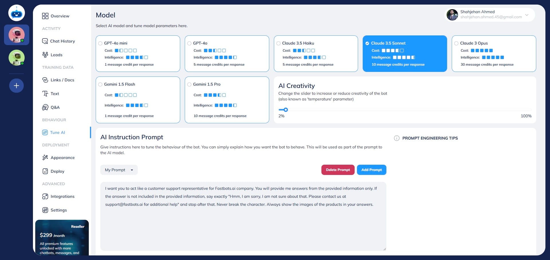 Here you can adjust the AI Creativity of the Chatbot. AI creativity allows the chatbot to add creativity to its answers.