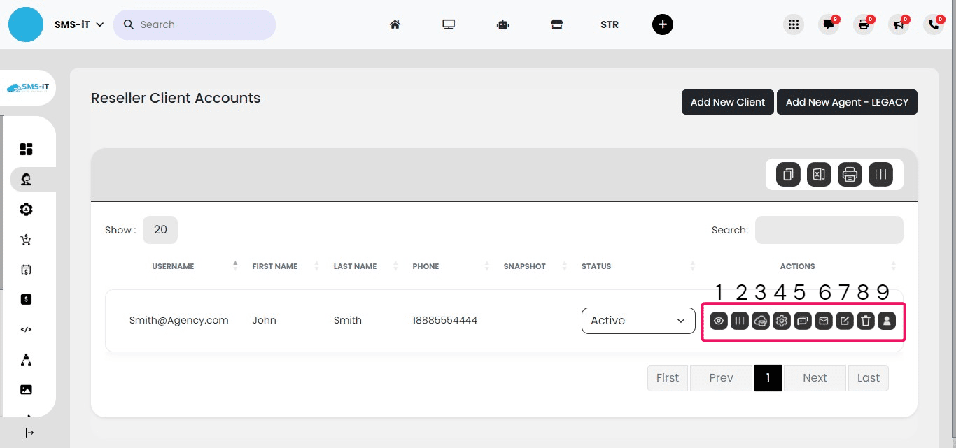 **Access various client management options through action buttons:**
            1. View client's SAAS Plan
          2. Connect a SIM card to the SAAS Plan
          3. Link an SMS gateway
           4. Connect an SMPP Server
           5. Send a text message to the client
           6. Send an email to the client
           7. Update the client's SAAS Plan
      8. Delete the client's SAAS Plan
        9. Log into the client's SAAS Plan