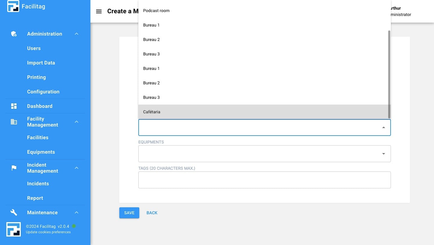 Select a Room and/or an equipement