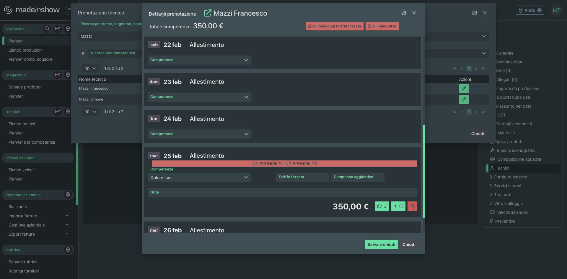 Mentre se di un tecnico indisponibile viene prenotata la sua competenza, il warning diventerà rosso