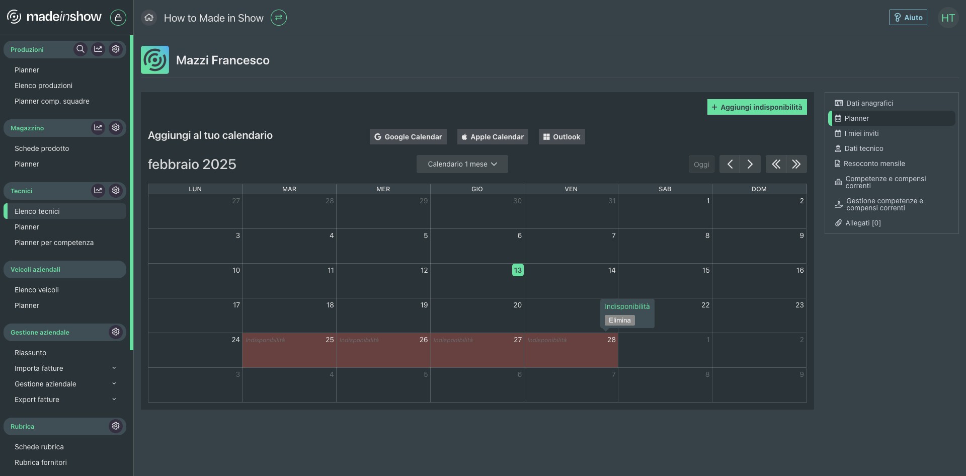 Per cancellare eventualmente una indisponibilità cliccare su "Elimina" nel planner e confermare come da passo successivo