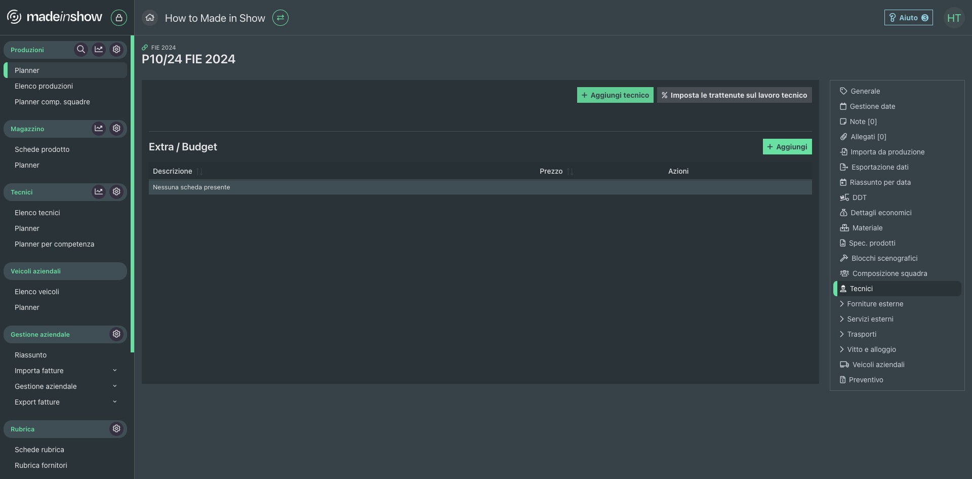 Le indisponibilità inserite si propagano anche in tutte le produzioni, quando si andrà a prenotare un tecnico con "Aggiungi tecnico" si vedranno le date specifiche in cui un tecnico è indisponibile