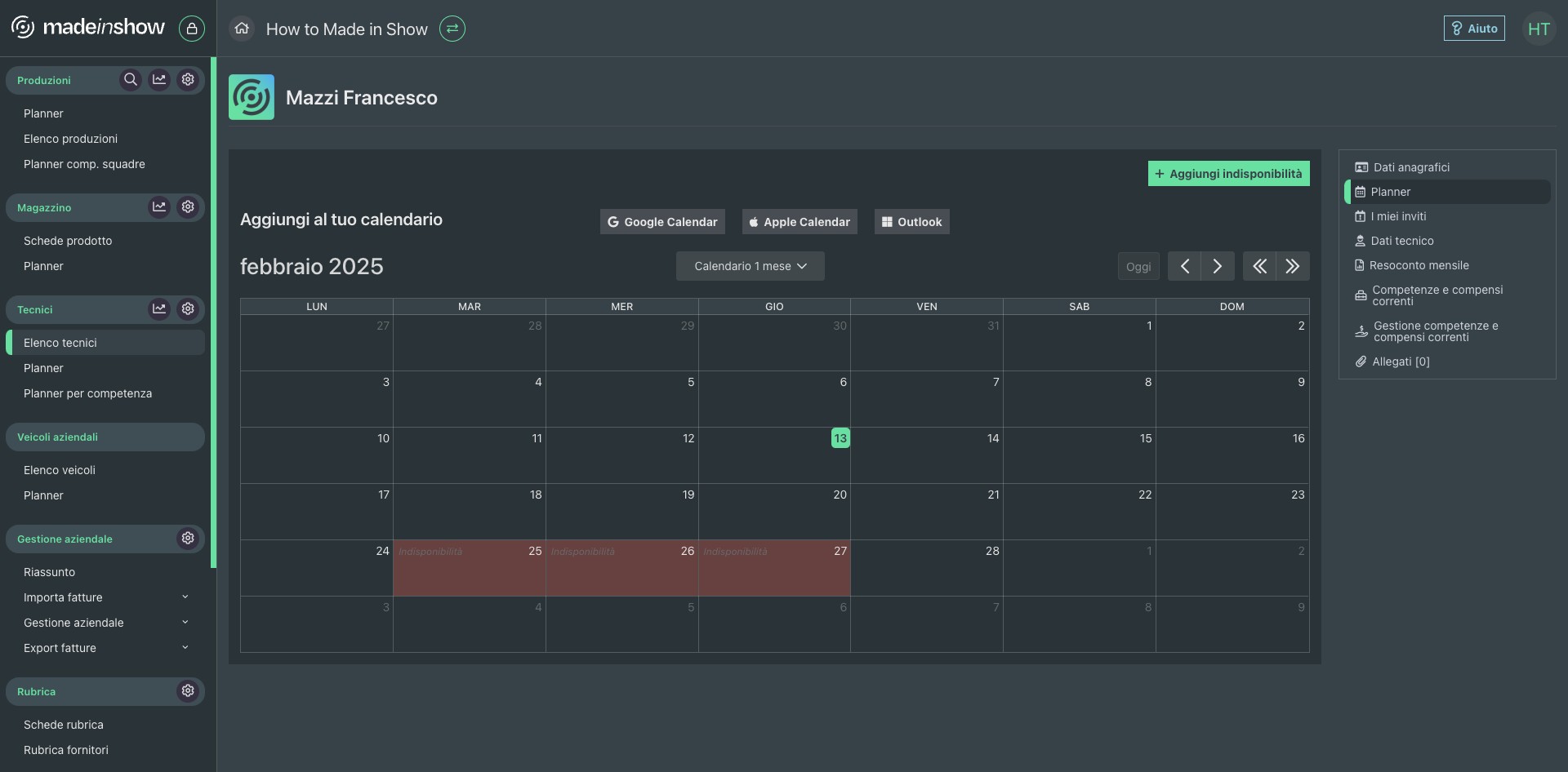 Visualizzazione planner tecnico post eliminazione data indisponibilità
