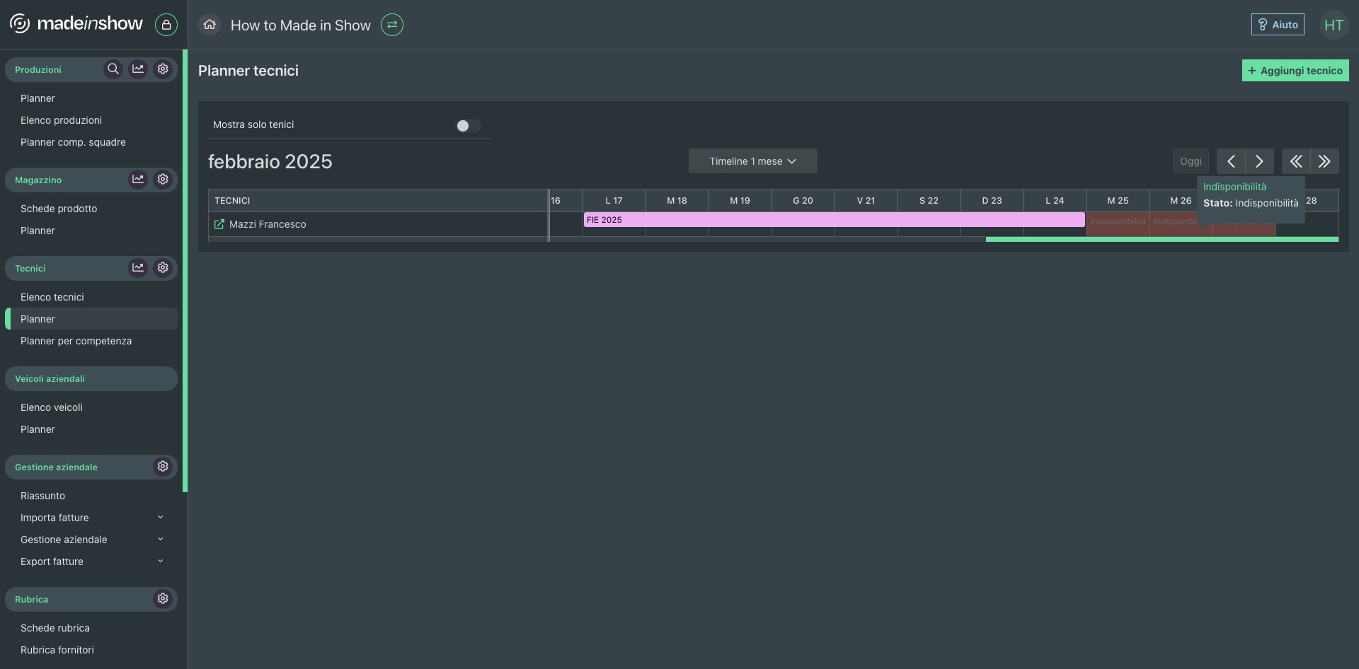 Inoltre le indisponibilità saranno visibili anche dal "Planner tecnici"