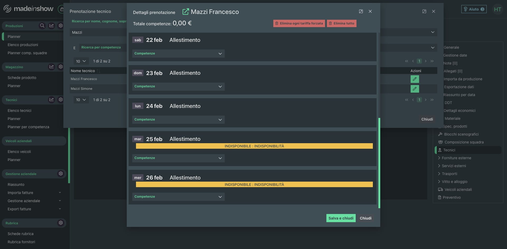 Si vedranno nelle date di prenotazione tecnico, un warning giallo che menziona la sua indisponibilità 