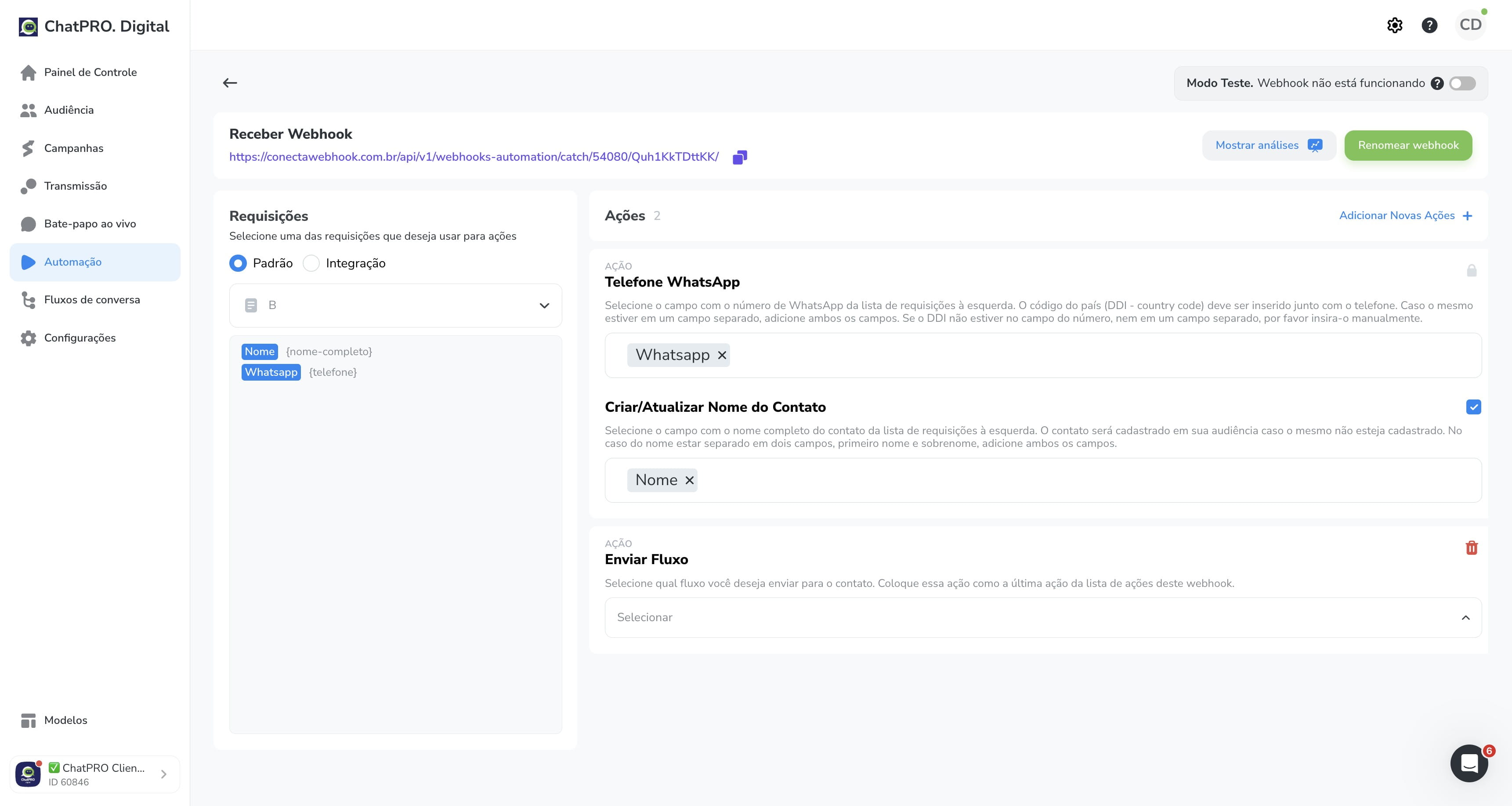 Click on "Selecionar" ESCOLHA QUELQUER AÇÃO QUE DESEJAR FAZER COM ESSE LEAD