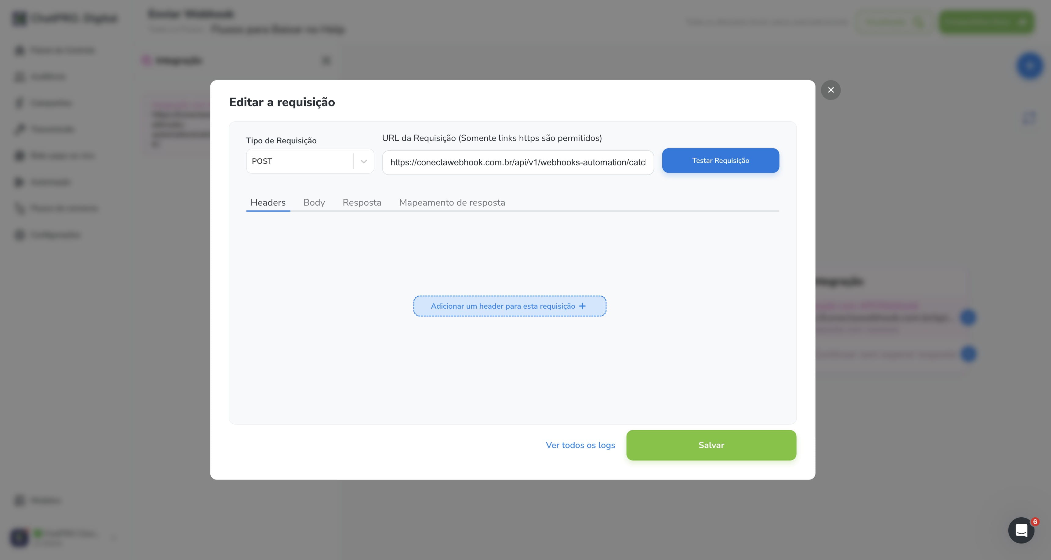 Click on "Testar Requisição"