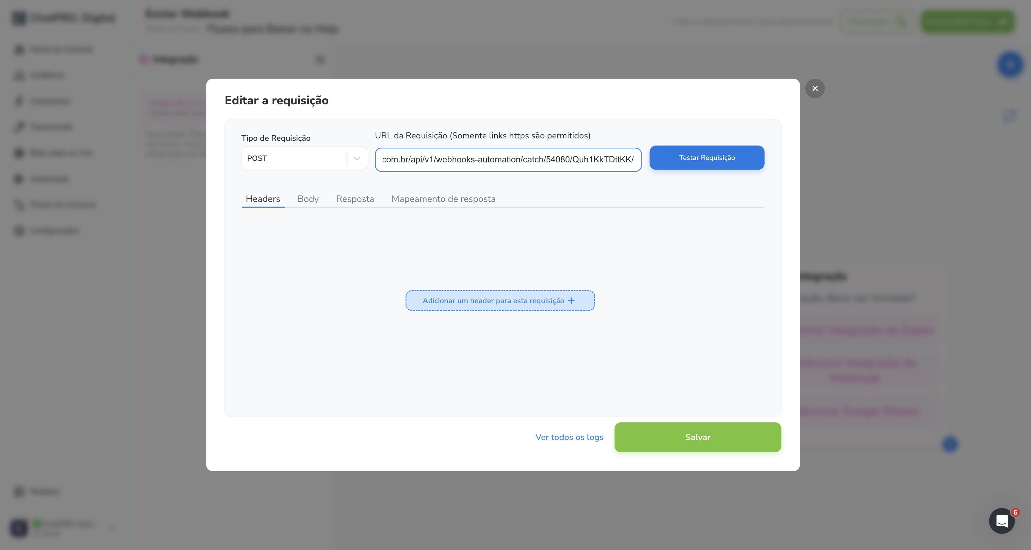 Click on "Testar Requisição"