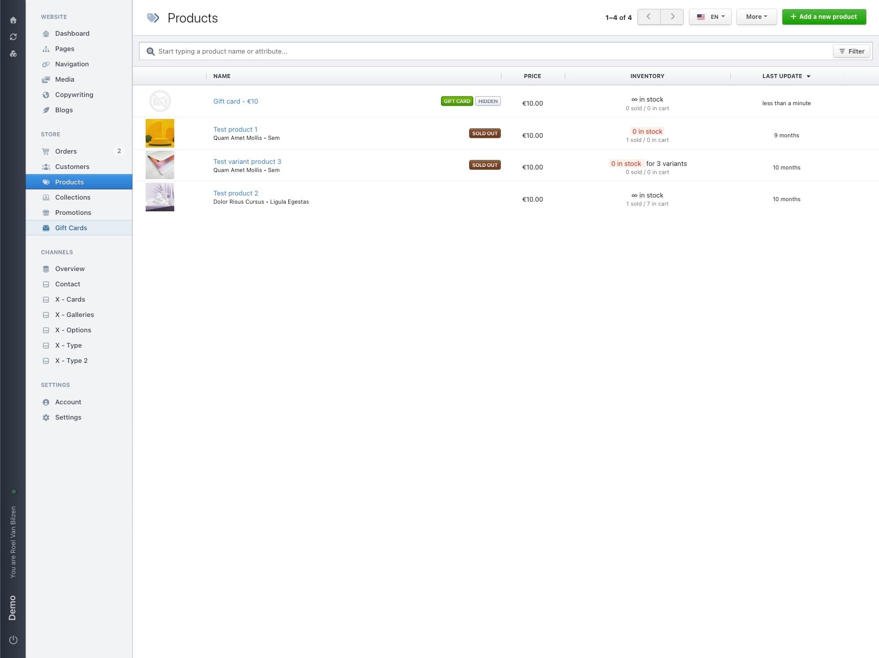 Gift cards are products. They are visible in the overview of products. \
It is possible to directly create a gift card from products by selecting "Gift card" under "Variants & Other Settings".