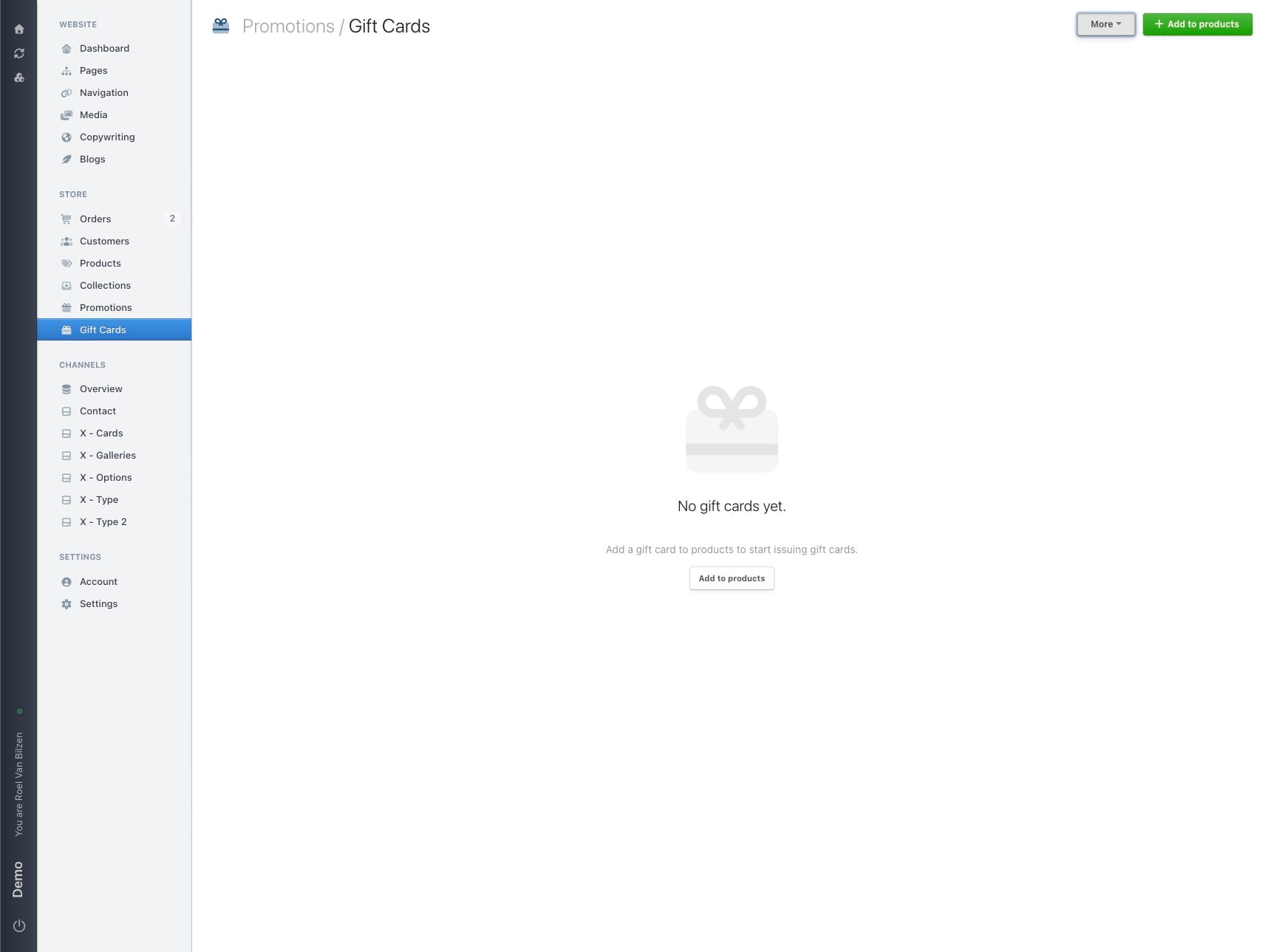 The gift cards page will show an overview of all bought gift cards.