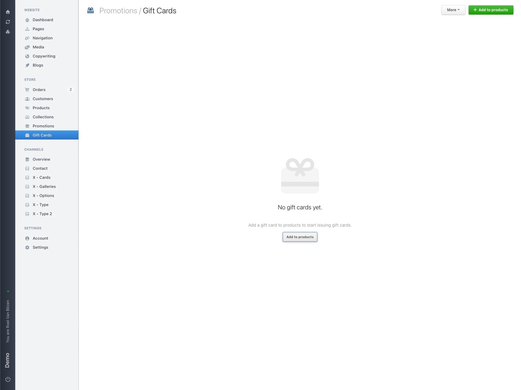 Create a new gift card by clicking on "Add to products".
