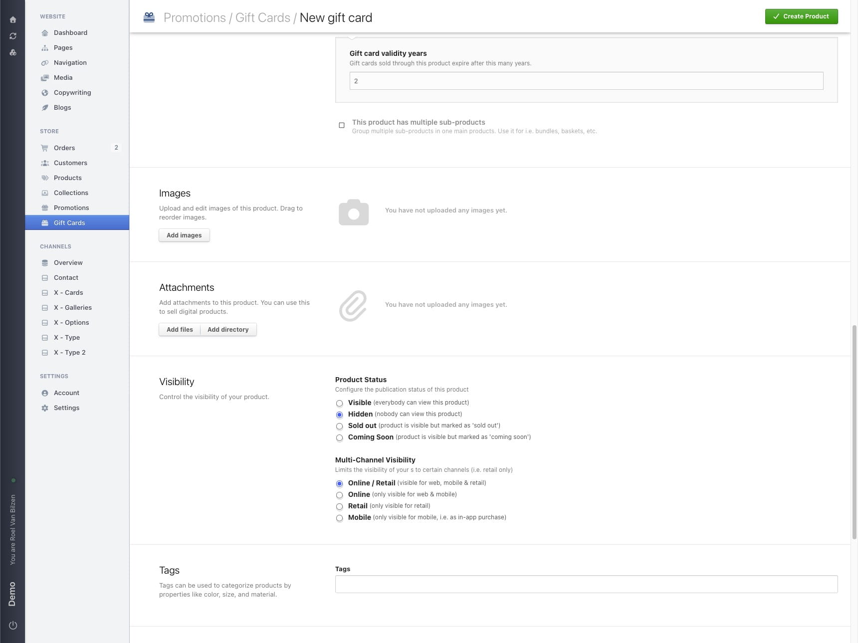 Click "Create Product" to create the gift card.