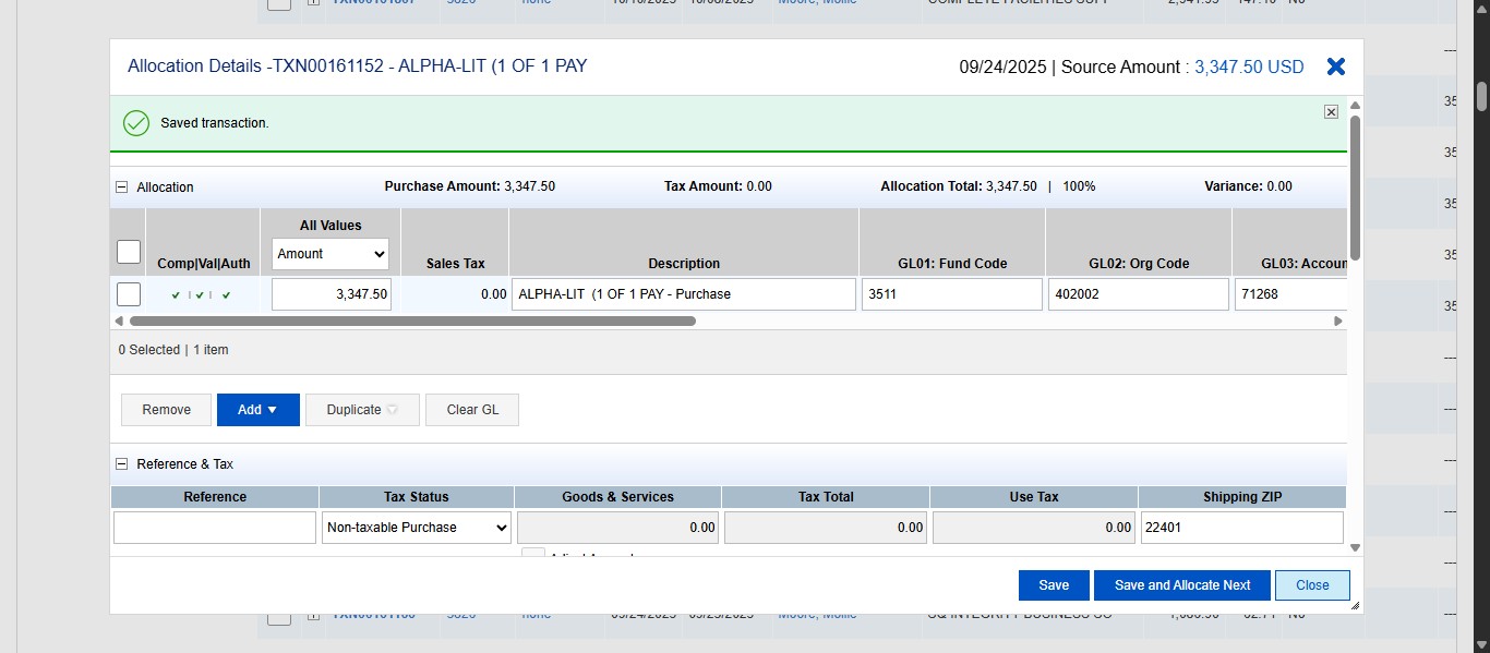 Click on "Close" to go back to the All transactions screen and continue down the list. If tax was actually charged on a transaction and the comments or uploaded documentation do not show that an attempt is being made to get it refunded, contact the Cardholder and let them know they will need to get the tax refunded by the vendor back onto their SPCC.