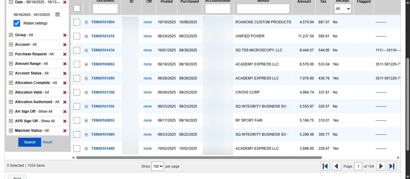 Program Admins can only edit transactions that have been fully signed off on, so we need to find a transaction with the sign off of AH APR. To do this, you may need to show more transactions per page to make the search easier. 