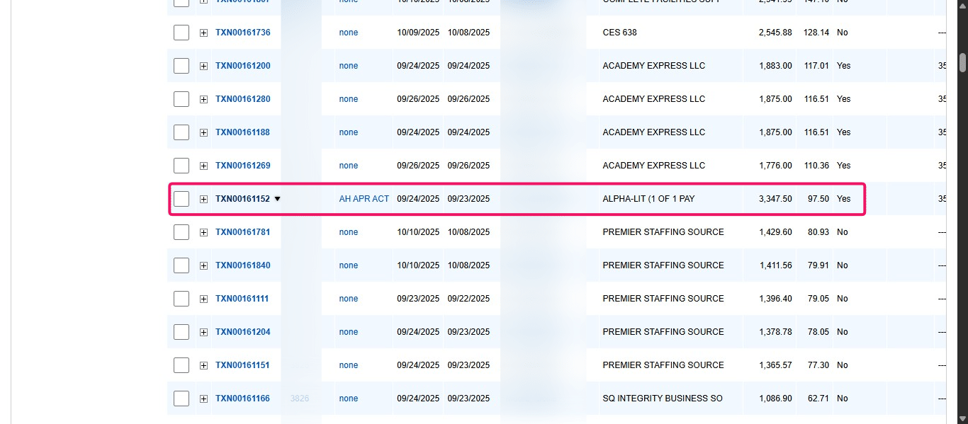 Once you've found a transaction with sales tax listed and that has been signed off by the Cardholder and Approver, click the Transaction ID drop down under Document.