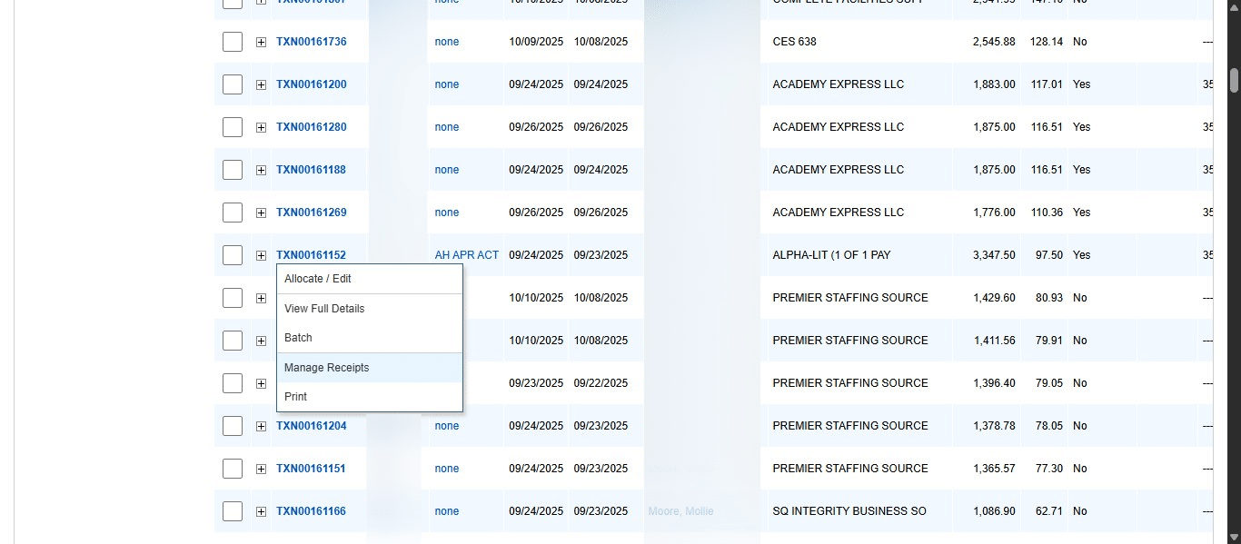 Click on "Manage Receipts"