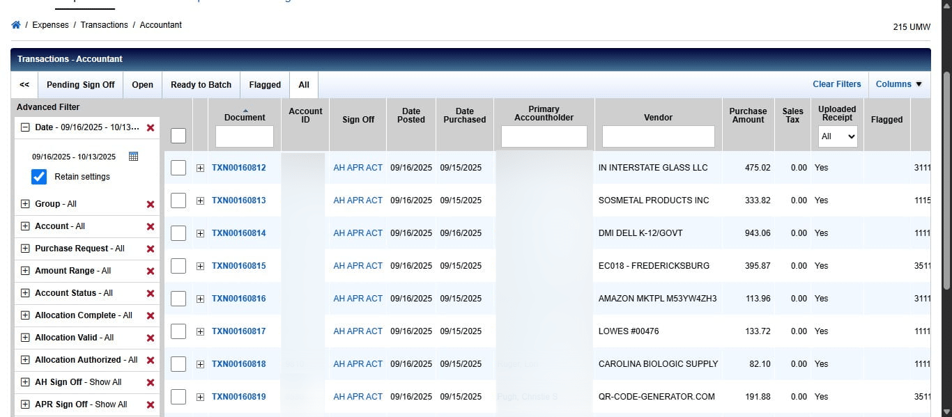 Next we want to sort the transaction by Sales Tax amount. Click on "Sales Tax"