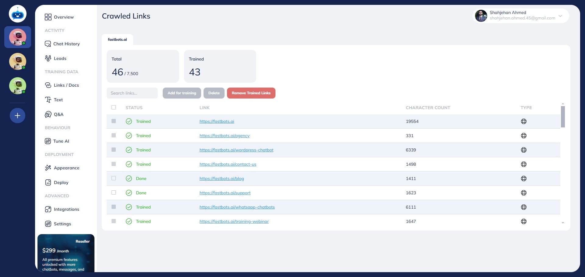 If you want to delete all the crawled URLs, click on the "Remove Trained Links" button.