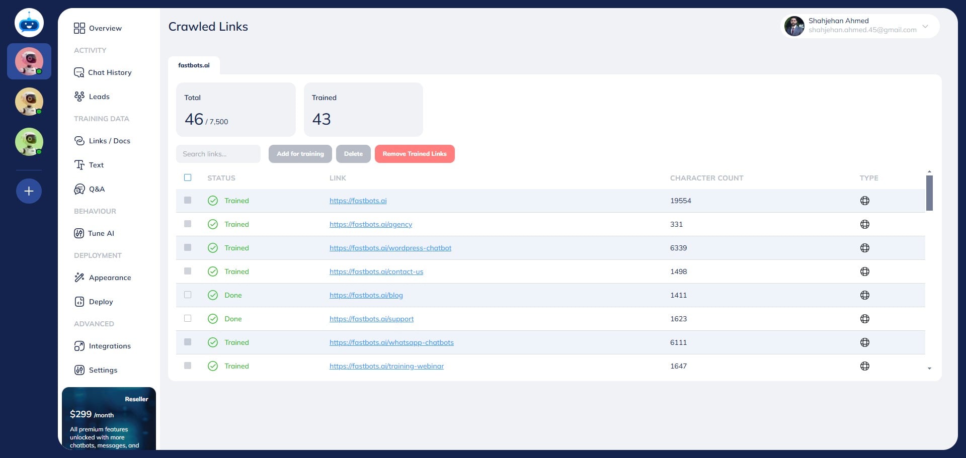 On this page, you can view all the links the chatbot has crawled. 
