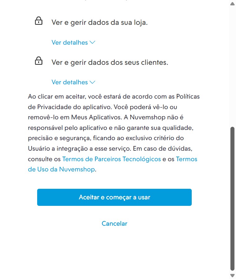Role a página e clique em Aceitar e começar a usar.