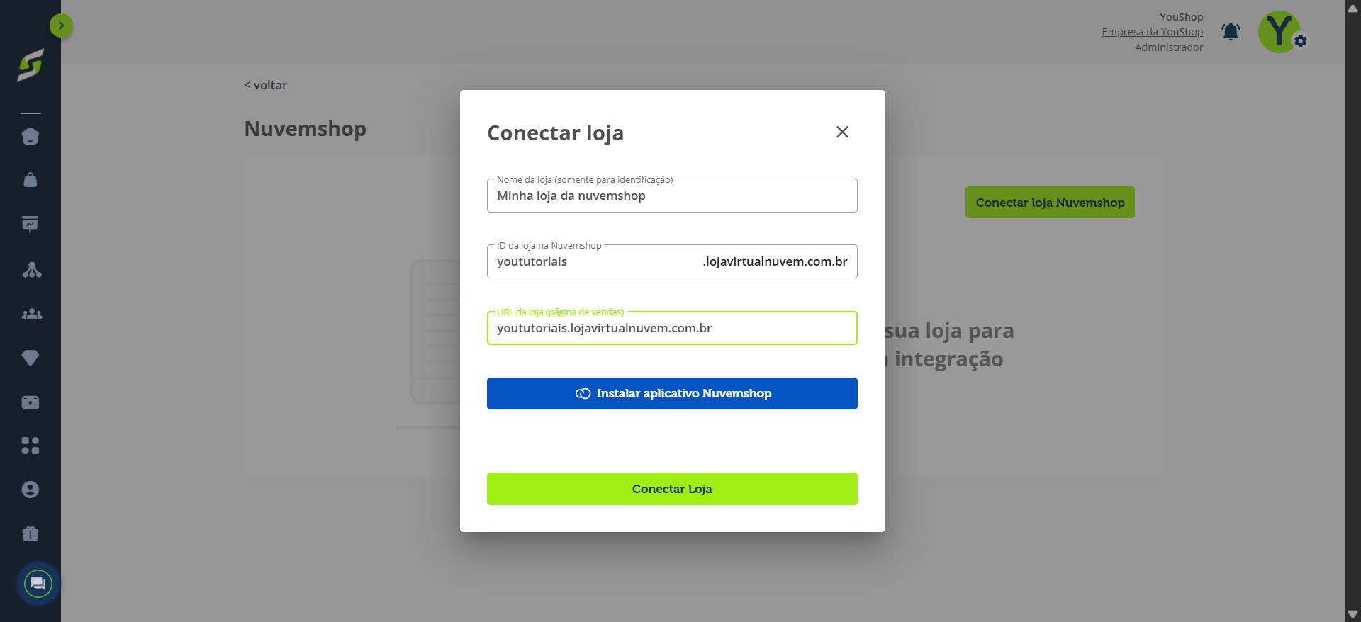 Clique no botão Instalar aplicativo Nuvemshop.