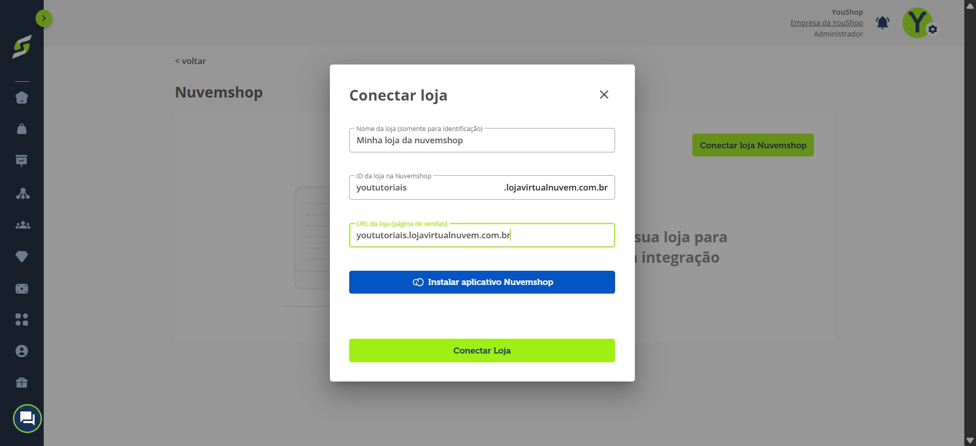 Cole a URL da loja no campo indicado.