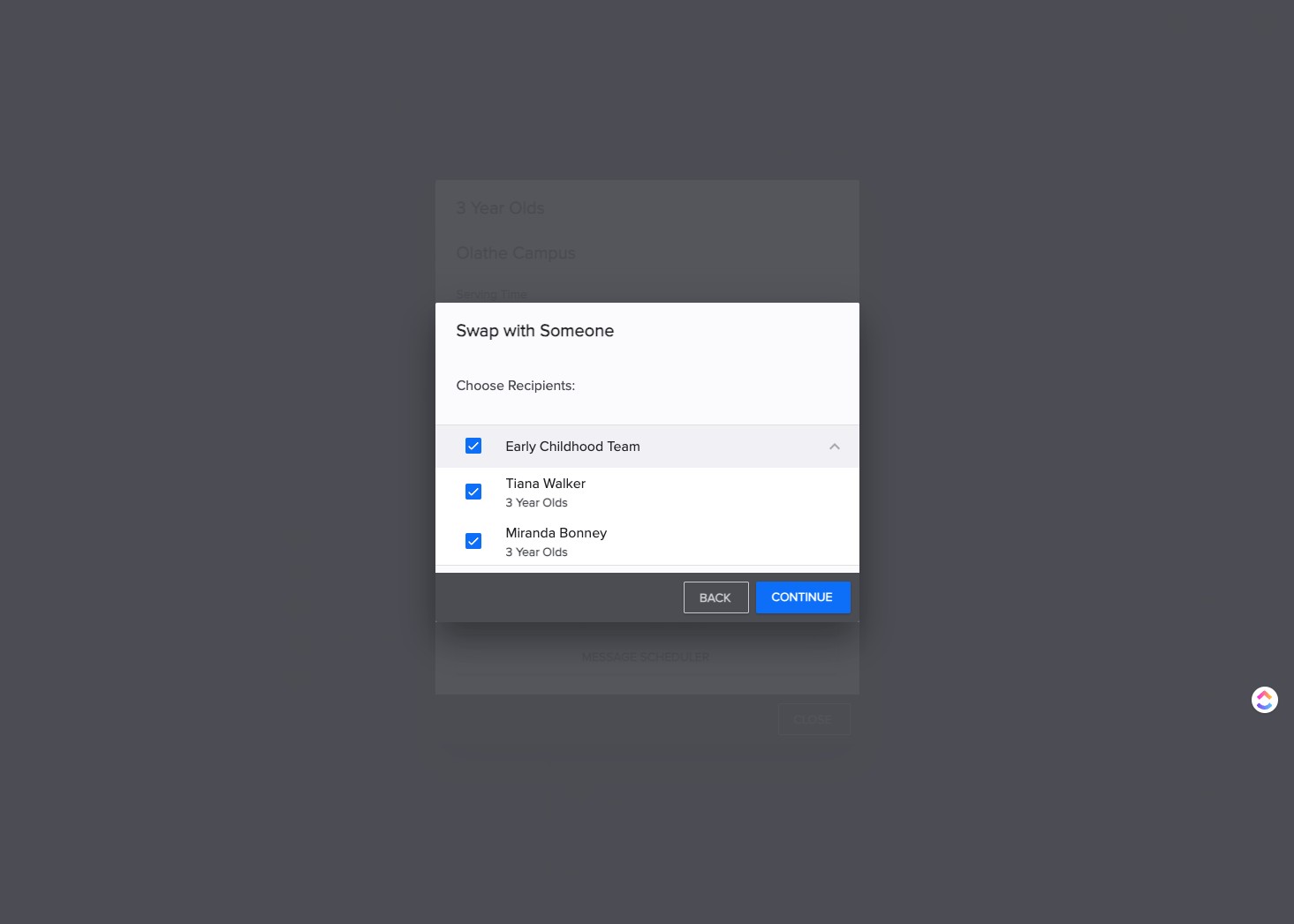 SELECT (or UN select) the volunteer or team to send swap request.