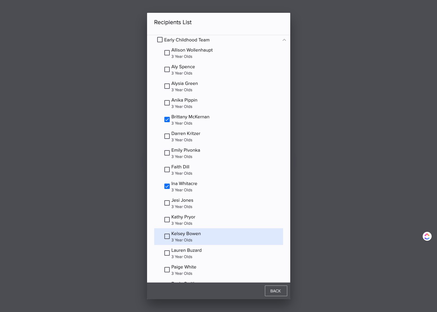 CLICK the box next to volunteers to select.