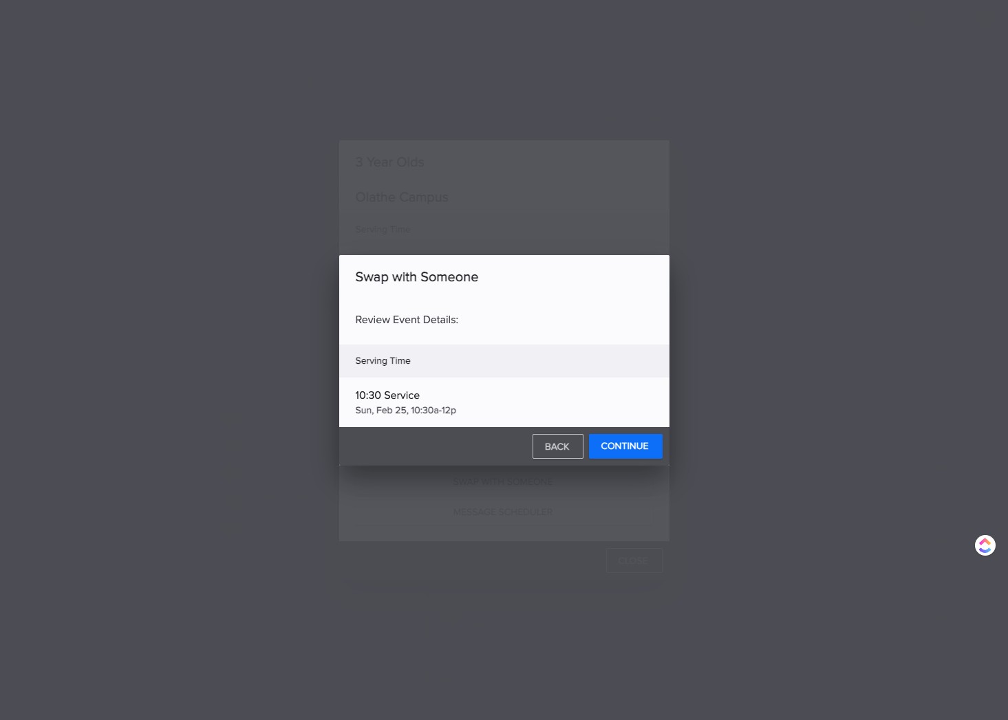 SELECT the appropriate service time.
*(in this example "10:30 Service")*