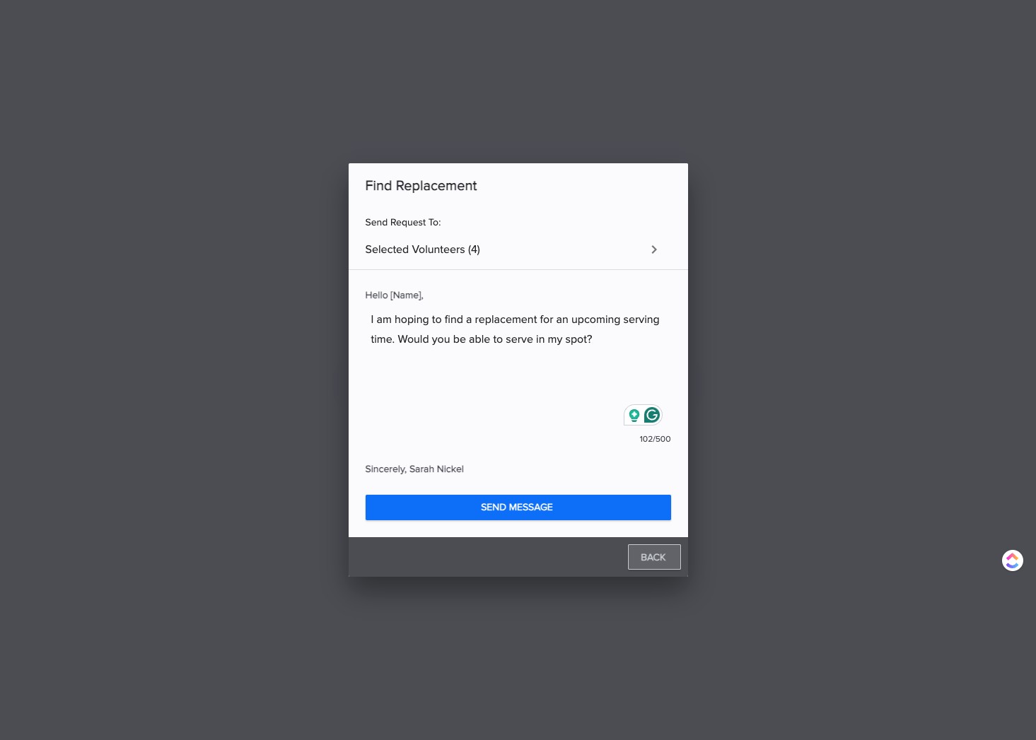 SELECT "Send Message" to send this message to requested volunteers.
