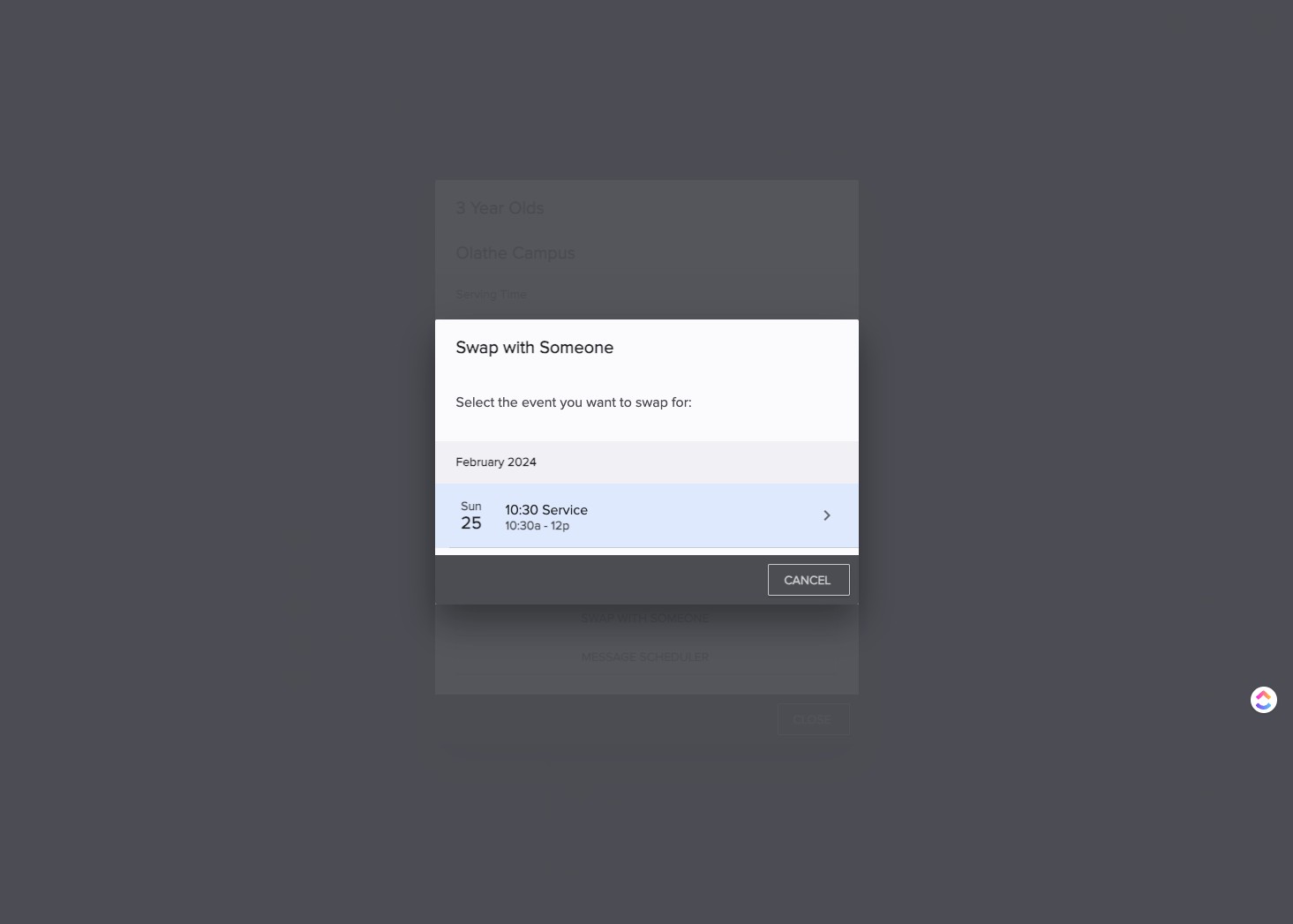 Swap option(s) will appear. Select the event you want to swap for.