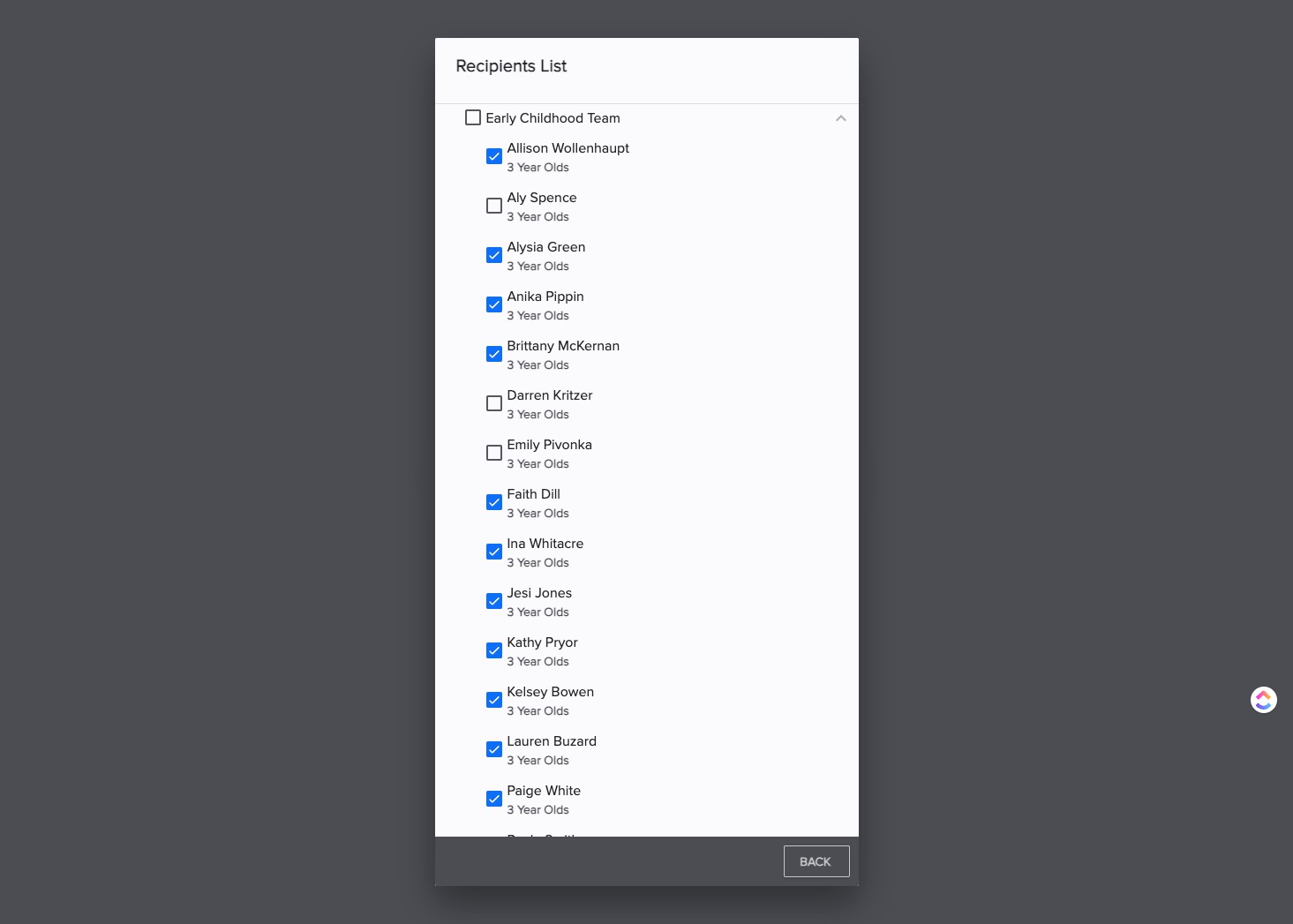 or CLICK the top box to UN-Select all volunteers.