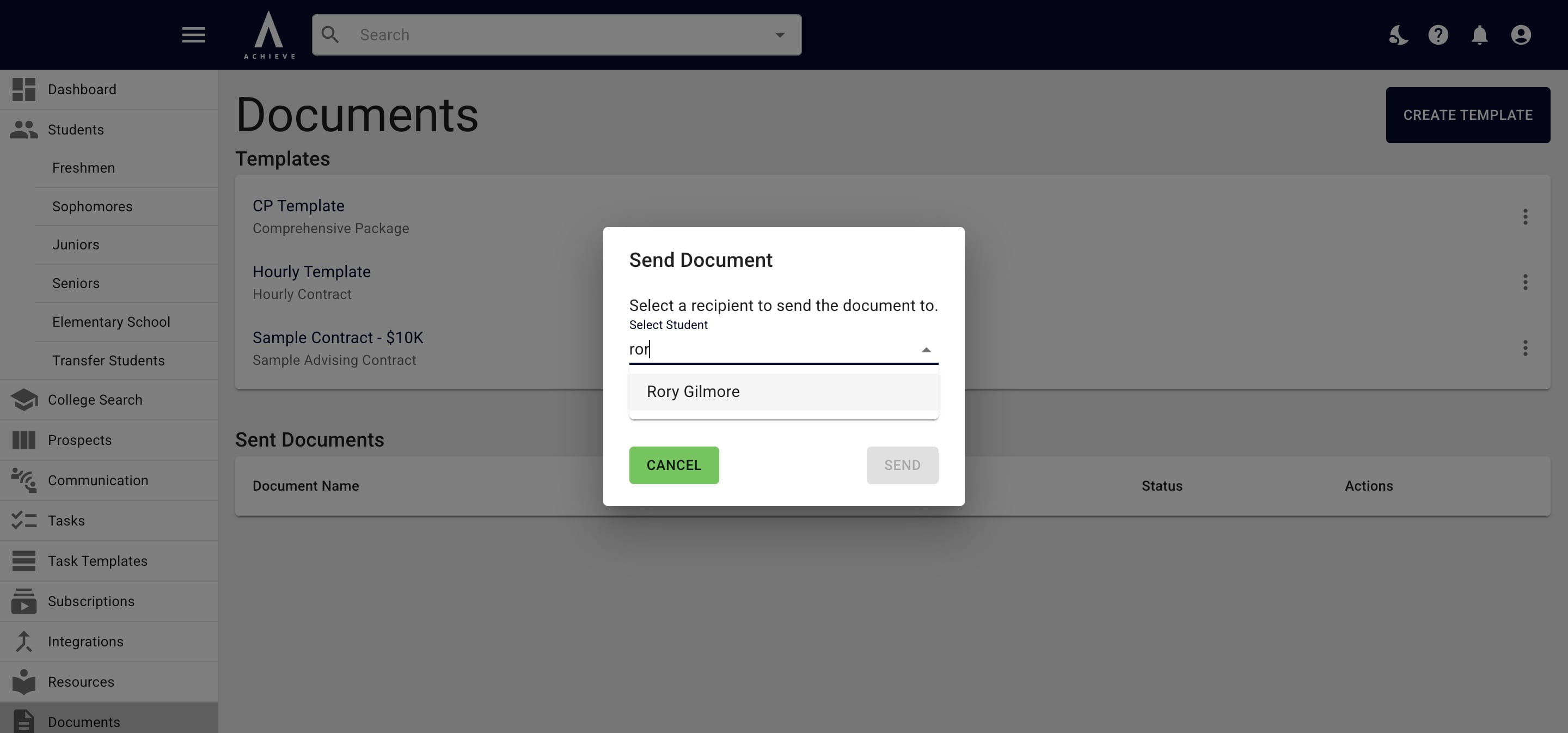 Click on the student's name once it appears in the drop down. 