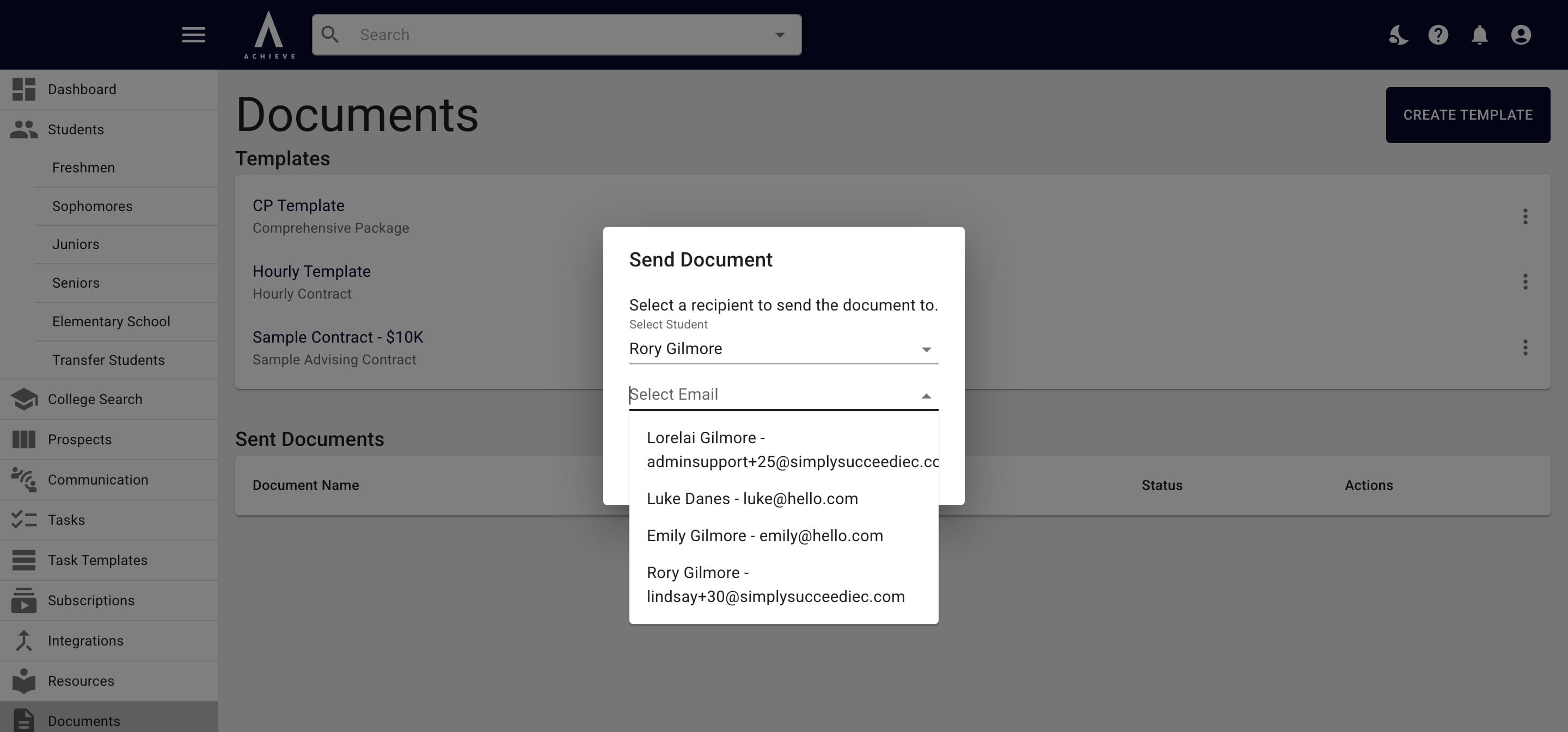 Click where it say **Select Email** and a drop down of all emails related to the student's family will appear. 